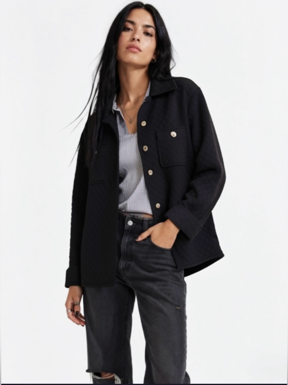 Navy quilted button up blazer shirt jacket. New with tags. Women’s large
